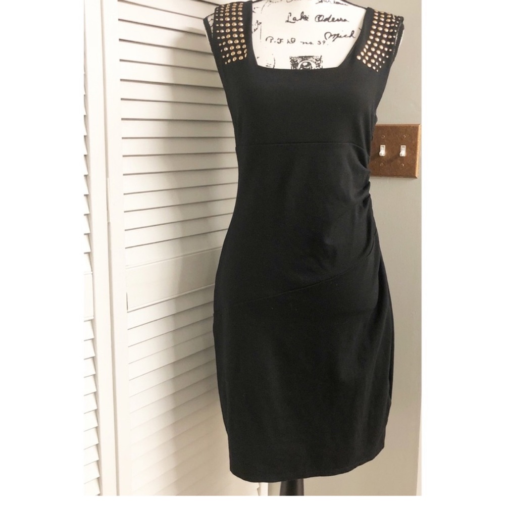 Rose gold copper studded Express LBD dress military shoulder bodycon black 12